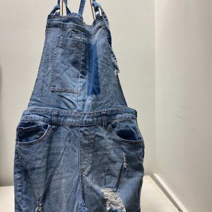 Blue Jean Overalls with Rips and Pockets